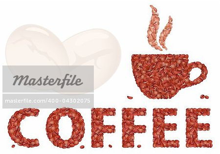 Cup of coffee from grains with text, isolated on white, vector illustration