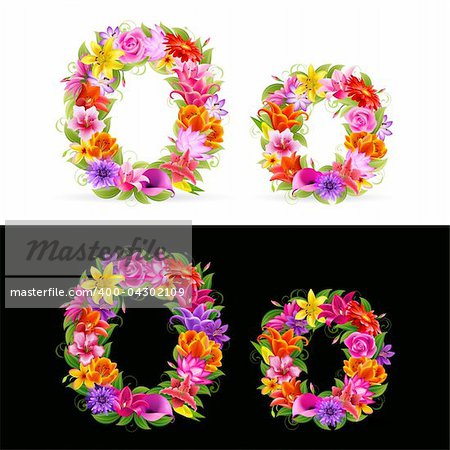 O, vector colorful flower font on white and black background.