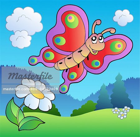 Butterfly on meadow - vector illustration.