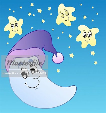 Sky with cute Moon in sleeping hat - vector illustration.
