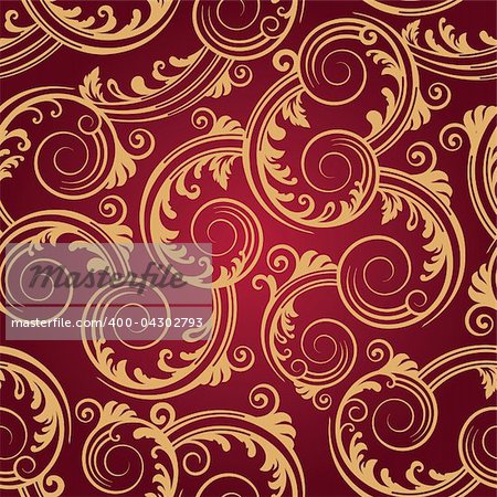 Seamless red & gold swirls wallpaper. This image is a vector illustration.
