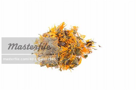 dry marigold ( Calendula ) flower tea on white background