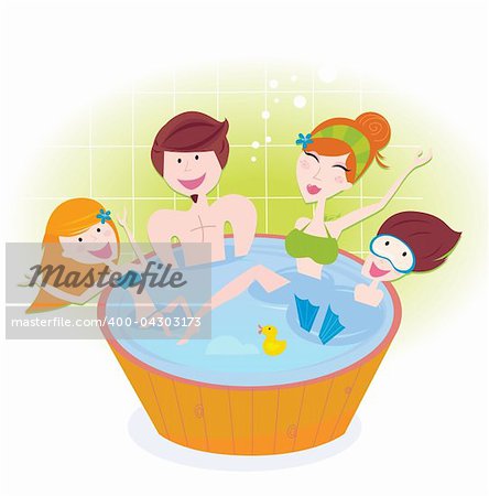Mother, father and children relaxing in bubble bath. Vector Illustration.