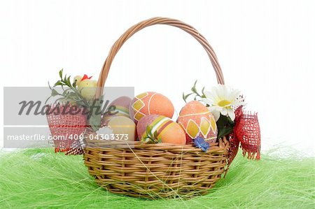 Easter eggs in basket on green Grass