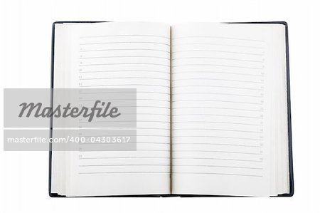 front view of open notebook on white background