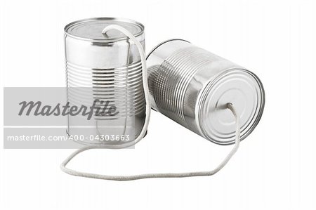 Closeup of tin cans telephone connected by string on white background, business communication concept