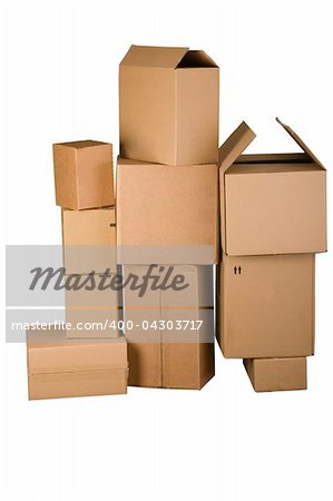 Brown different cardboard boxes arranged in stack on white background
