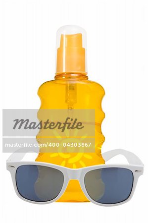 oil product, sun protection and sunglasses on white background