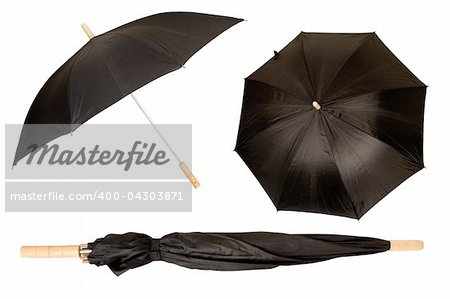 black umbrella isolated on white, protection from sun and rain