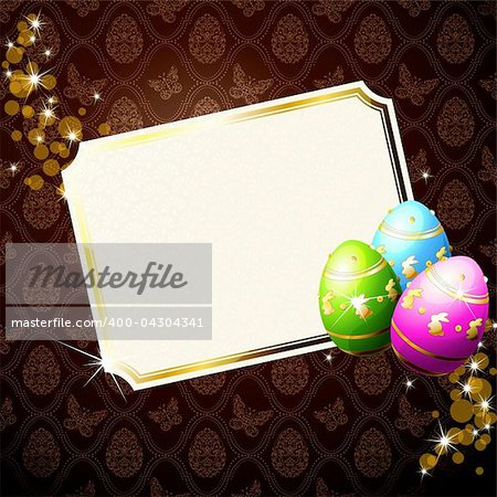 Card with brilliant Easter eggs and sparkles. Graphics are grouped and in several layers for easy editing. The file can be scaled to any size.