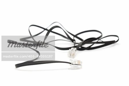 Black telephone cable with plugs isolated on white background