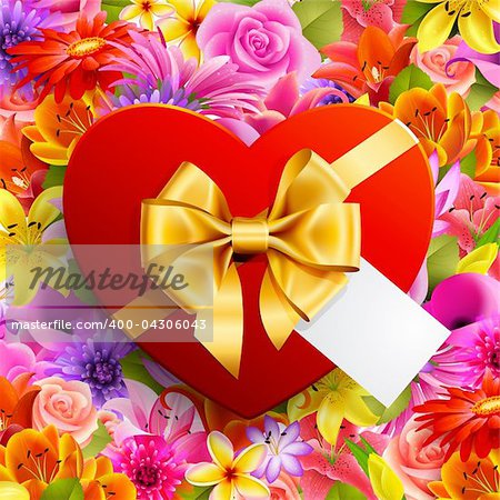 Red heart shaped gift with golden bow on flower background