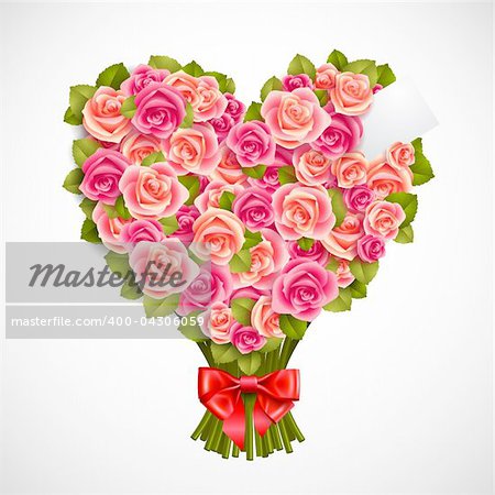 heart shaped posy of tender pink roses with red bow