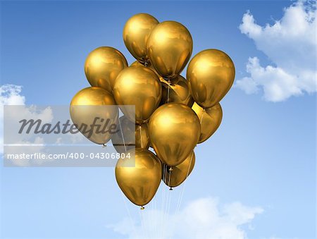 gold air balloons floating on a blue sky