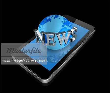 three dimensional mobile phone and news world globe isolated on black whith clipping path