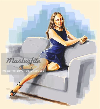 Relaxed lady sitting on the sofa bent leg.
