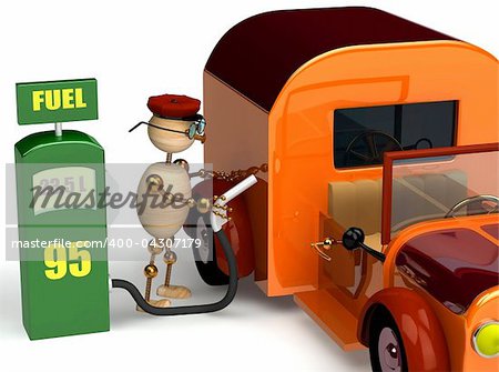3d wood man with a petrol pump isolated on white