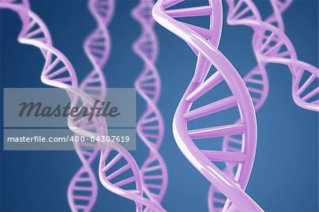 High quality 3d image of a purple DNA helices on a blue background with shallow DOF