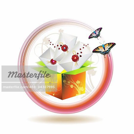 Mail icon for Valentine's day, illustration with box, envelope and butterflies