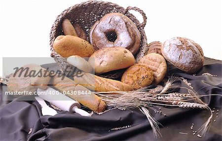 fresh healthy natural  bread food group and wheat plant in studio on table