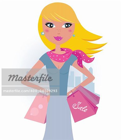 Blond woman on shopping. Vector Illustration.
