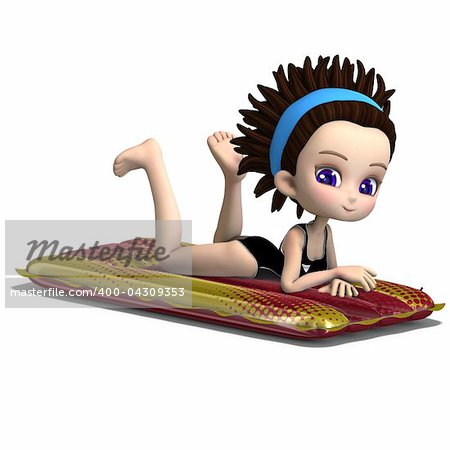 cute cartoon girl laying on an inflatable bed. 3D rendering with clipping path and shadow over white