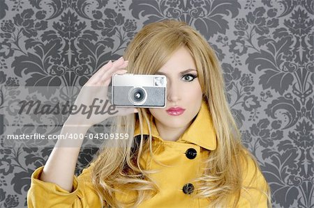 fashion photographer retro camera reporter woman vintage wallpaper yellow coat