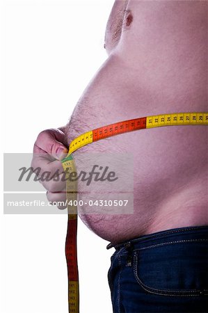 fat man holding a measurement tape around his belly