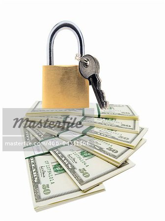 Money and lock isolated on white background