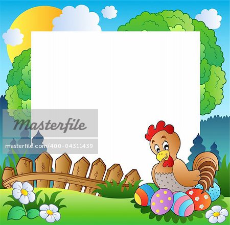 Easter frame with hen and eggs - vector illustration.