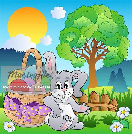 Spring meadow with bunny and basket - vector illustration.