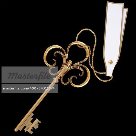 antique golden key with blank card. isolated on black. with clipping path.