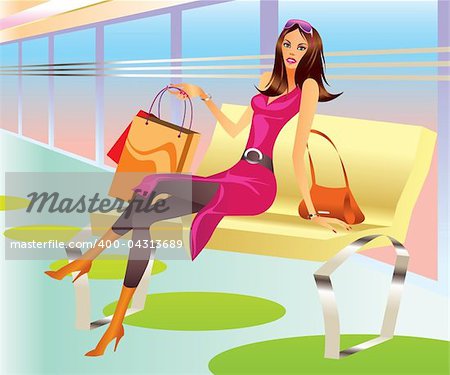 fashion shopping girl with bag relax in mall - vector illustration