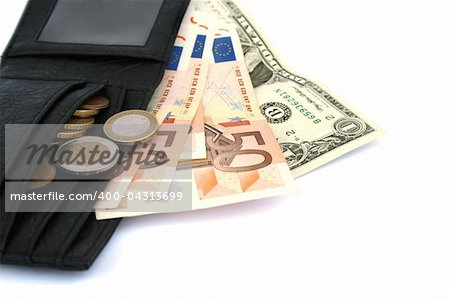 Money in wallet isolated on white background.