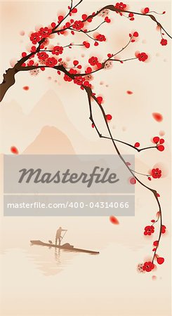 Plum blossom painting, with fisherman's boat on the river.  Vectorized brush painting.