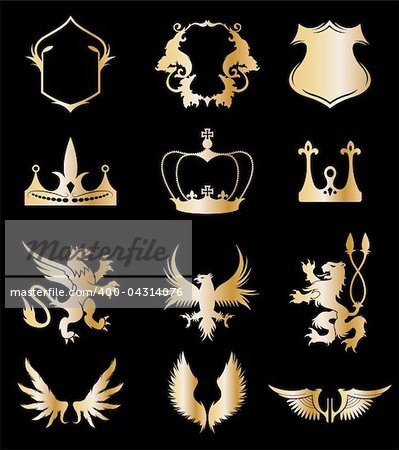 Set heraldic gold elements on black. Vector illustration