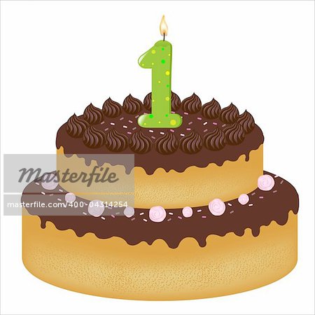 Birthday Cake With Candles With Number One, Isolated On White Background, Vector Illustration