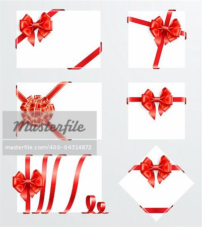 Collection of red bows with greeting cards. Vector illustration