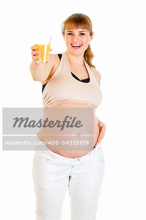 Happy pregnant woman holding glass of juice in hand isolated on white