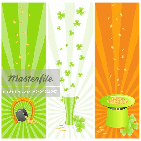 Ireland national colored banners with luck horseshoe, treasure pot, golden coins, green leprechaun's hat and three-leaf clover or shamrock