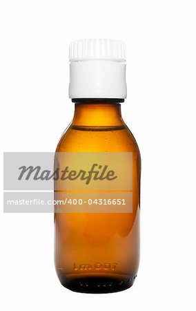 Medicine bottle. Brown glass. White childproof lid. 100ml. Clipping path included. Medicine bottle. Brown glass. White childproof lid. 100ml. Clipping path included.