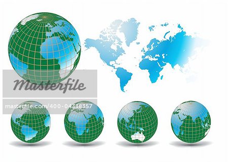 Earth globes with world map, different views vector illustration