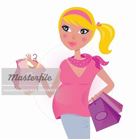 Pregnant mother with shopping bags. Vector Illustration.