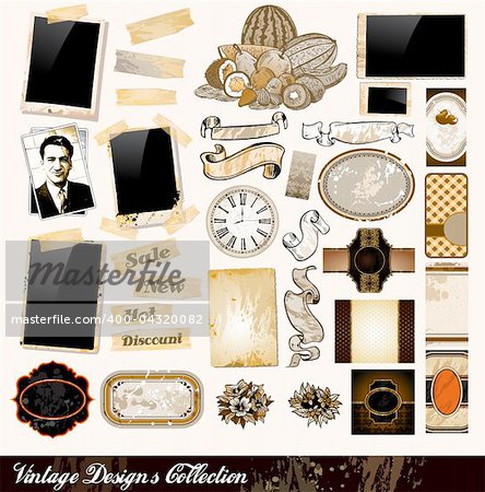 Vintage Elements Collection - PhotoFrames, Adhesive Straps, Vintage Labels, Complete Backgrounds, Ribbons, Fruits and so on