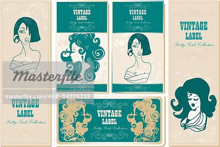 set of fake paper labels retro vintage woman flower nature beauty