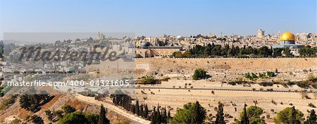 View from the Mount of Olives to Walls of the Old City of Jerusalem and the Dome of the Rock
