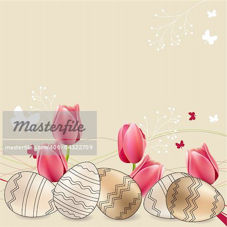 Easter greeting card with eggs and red tulips