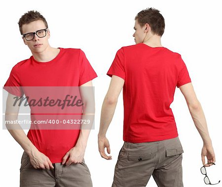 Young male with blank red t-shirt, front and back. Ready for your design or logo.