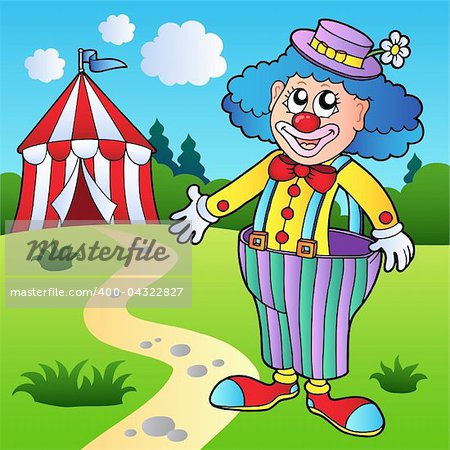 Clown in big pants with circus tent - vector illustration.