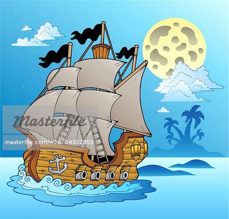 Old vessel in night seascape - vector illustration.